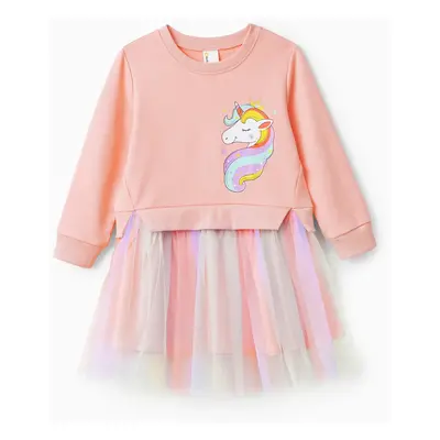 Toddler Girl Sweet Faux-two Unicorn Print Mesh Splice Fairy Dress