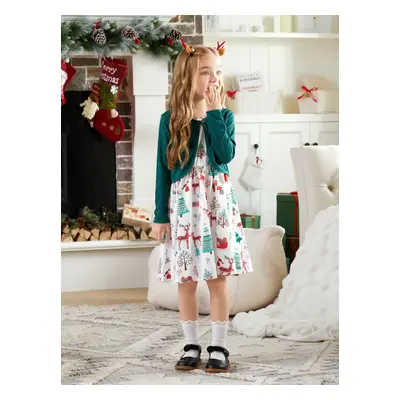 Christmas 2pcs Kid Girl Solid Cardigan and Dress Set