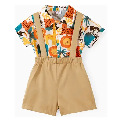 Toddler Boy Childlike Animal Pattern Lapel Loose Overall Pants Set