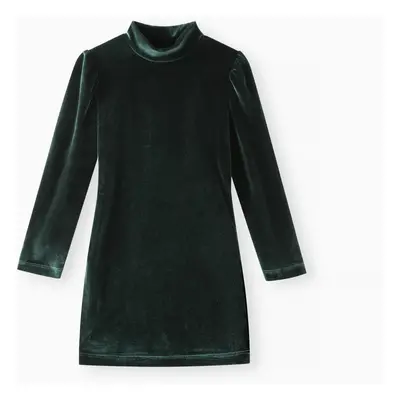 Kid Girl Solid Color Mock Neck Puff-sleeve Velvet Dress