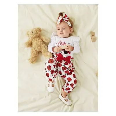 Baby Girl Clothes 3pcs Ladybug Letter Print Romper and Bowknot Trousers with Headband Set