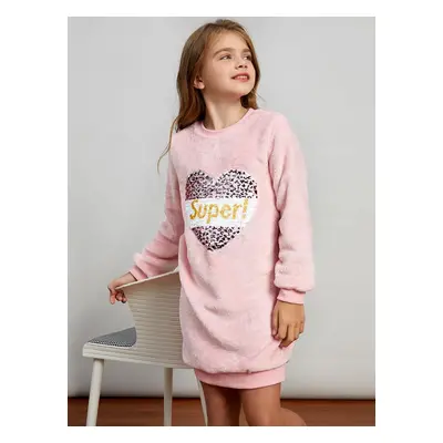 Kid Girl Flip Sequin Letter Heart Pattern Pink Sweatshirt Dress