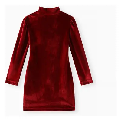 Kid Girl Solid Color Mock Neck Puff-sleeve Velvet Dress