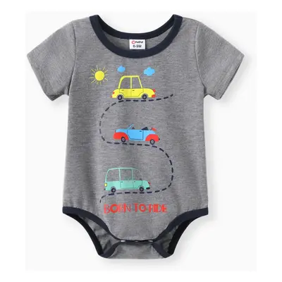 Baby Boy Cartoon Vehicle Print Grey/White/Colorful Striped Short-sleeve Romper