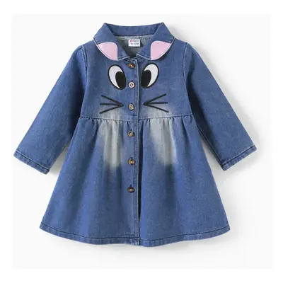 Kid Girl Childlike Cat Print Lapel Denim Dress