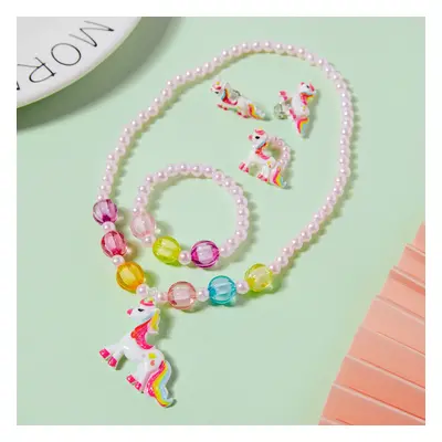 5-pack Toddler Cartoon Unicorn Pendant Beaded Necklace Ring Ear Cuff and Beaded Bracelet Jewelry