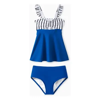 Matching Family Swimsuit Colorblock Drawstring Swim Trunks or Striped Blue Spliced Tankini with 