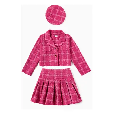 3pcsToddler Girl's Solid Color Classic Grid Houndstooth Suit Dress Set with Hat