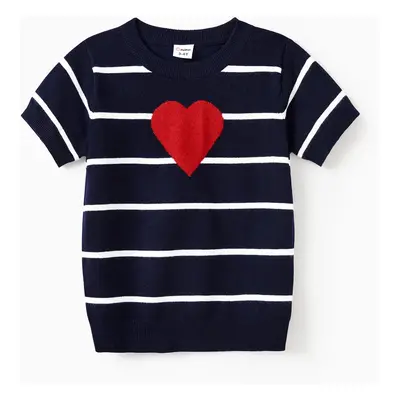 Valentine's Day Heart Print Striped Short Sleeve Family Matching Tops