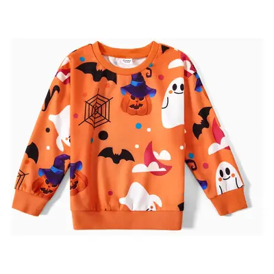 Halloween Allover Ghost Print Orange Long-sleeve Sweatshirts for Mom and Me