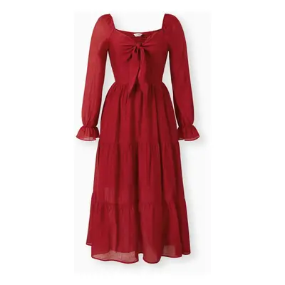 Family Matching Sets Red Ribbed Cardigan or Long Sleeves Bow Detail Shirred Back Tiered Dress