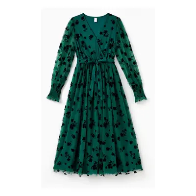 Mommy and Me Green Long Sleeves Embroidered Tulle Dress with Hidden Snap Button