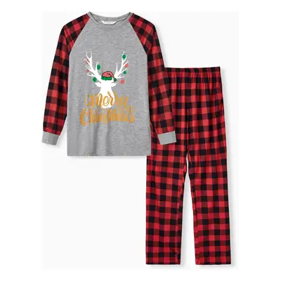 Merry Christmas Family Matching Letter Antler Print Plaid Splice Matching Pajamas Sets