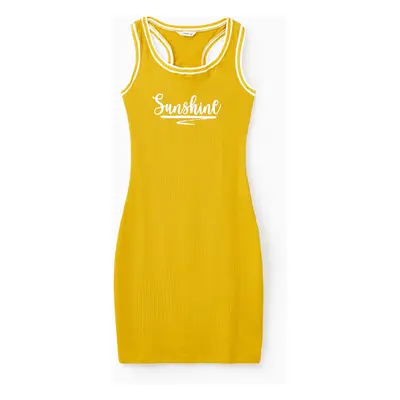 Mommy and Me Yellow Sunshine Theme Ribbed Sleeveless Racerback Body-con Dress