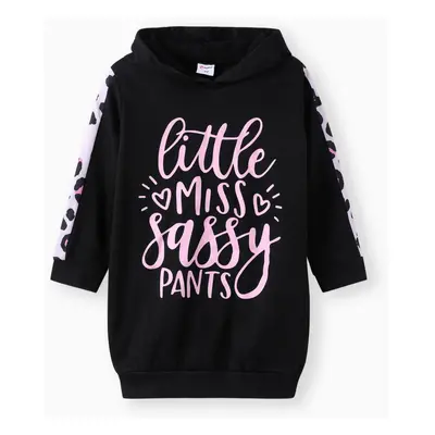 Toddler Girl Letter Leopard Print Black Long-sleeve Hooded Sweatshirt Dress