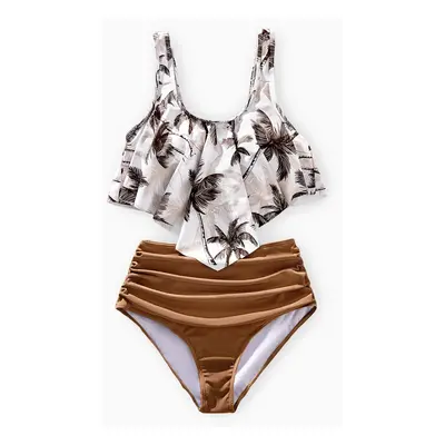 Family Matching Allover Coconut Tree Print Spliced Ruched Two-Piece Swimsuit or Swim Trunks