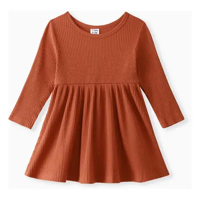 Baby Girl Ribbed Brown/White/Striped Long-sleeve Dress