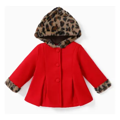 Baby Red Long-sleeve Button Leopard Hooded Wool Blend Coat