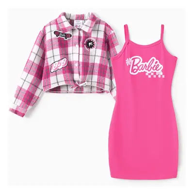 Barbie Kid Girl 2pcs Cotton Plaid Knotted Shirt Cardigan And Sling Dress Set