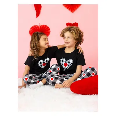 Valentine's Day Family Matching Heart Print Short-sleeve Top and Plaid Pants Black Pajamas Set