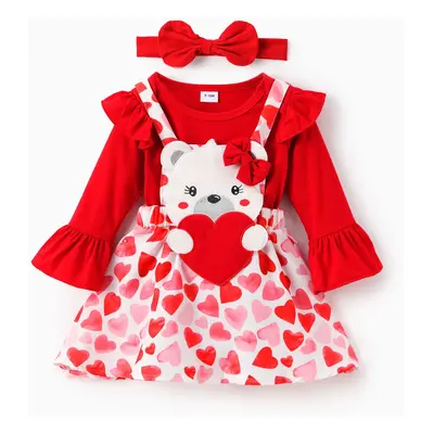 Valentine's Day Baby Girl 2pcs Bear Style Ruffled Romper and Embroidered Overalls Dress Set