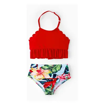 Family Matching Floral Drawstring Swim Trunks or Ruched Shell Edge Bikini with Optional Swim Cov