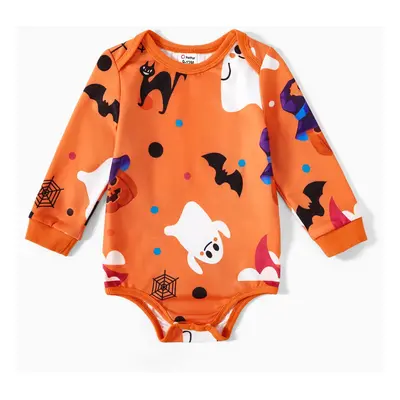 Halloween Allover Ghost Print Orange Long-sleeve Sweatshirts for Mom and Me