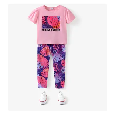 2-piece Kid Girl Letter Leaf Print Tee and Elasticized Leggings Set