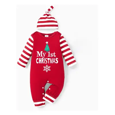 Christmas 2pcs Baby Boy/Girl 95% Cotton Striped Long-sleeve Letter Print Jumpsuit with Hat Set