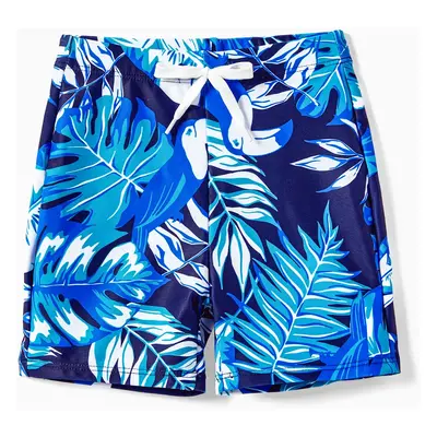 Family Matching Palm Leaves Print Blue One-piece Swimsuit