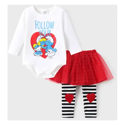 The Smurfs Baby Girl 2pcs Cotton Valentine's Heart-shaped Striped Jumpsuit And Tulle Pantskirt S