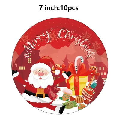 Combo Red Cartoon Santa Claus Themed Holiday Party Decoration Set: Paper Plates, Cups, Tableclot