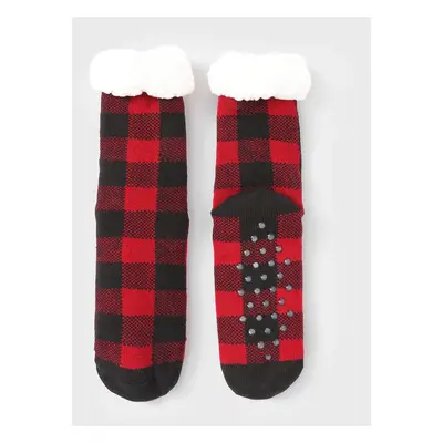 Christmas Socks Family Matching Red&Black Plaid Check Pattern Anti-Slip Floor Socks