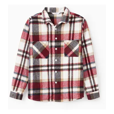 Family Matching Solid Ribbed Spliced Plaid Belted Dresses and Long-sleeve Button Up Shirts Sets