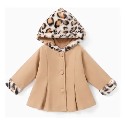 Baby Red Long-sleeve Button Leopard Hooded Wool Blend Coat