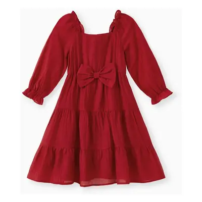 Family Matching Sets Red Ribbed Cardigan or Long Sleeves Bow Detail Shirred Back Tiered Dress