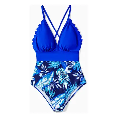 Family Matching Palm Leaves Print Blue One-piece Swimsuit