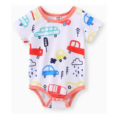 Baby Boy Cartoon Vehicle Print Grey/White/Colorful Striped Short-sleeve Romper