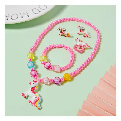 5-pack Toddler Cartoon Unicorn Pendant Beaded Necklace Ring Ear Cuff and Beaded Bracelet Jewelry