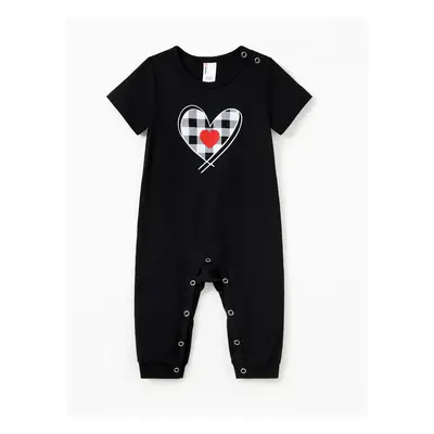 Valentine's Day Family Matching Heart Print Short-sleeve Top and Plaid Pants Black Pajamas Set