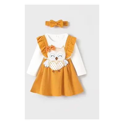 2pcs Toddler Girl Owl Embroidered Ruffled Dress with Headband