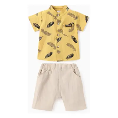 2pcs Baby Boy 100% Cotton Short-sleeve All Over Feather Print Button Up Shirt and Solid Shorts S