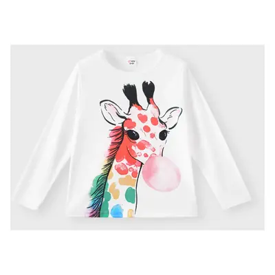 Kid Girl Giraffe Print Long-sleeve White Tee