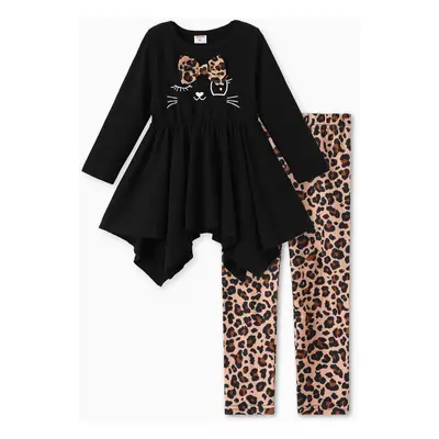 2pcs Toddler Girl Ruffled Tunic Top and Leopard Print Leggings Set