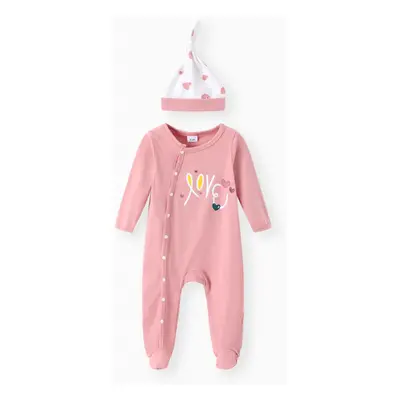 2pcs Baby 95% Cotton Love Heart Print Footed Jumpsuit with Hat Set