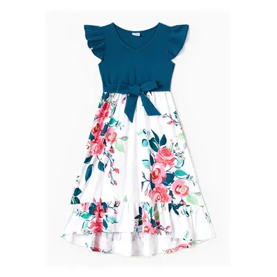 Family Matching Solid V Neck Flutter-sleeve Splicing Floral Print Dresses and Short-sleeve Color