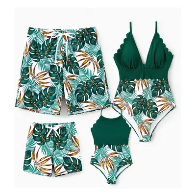 Family Matching Allover Plants Print Swim Trunks Shorts and V Neck Spaghetti Strap Splicing One-