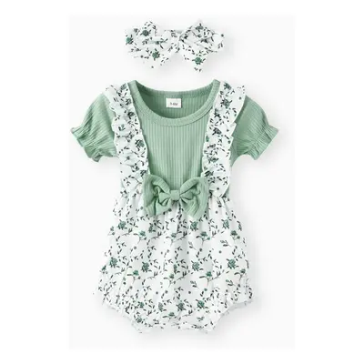 2pcs Baby Girl Ruffle Ribbed Allover Floral Print Puff-sleeve Romper and Headband Set