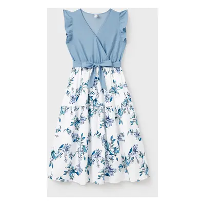 Mommy and Me Floral Print Spliced Solid V Neck Ruffle Trim Sleeveless Dresses