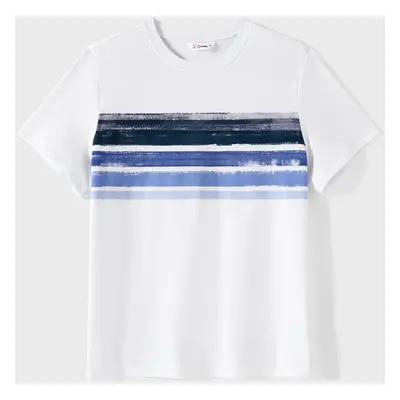 Family Matching Cotton Short-sleeve Spliced Tee and Striped Surplice Neck Short-sleeve Belted Dr